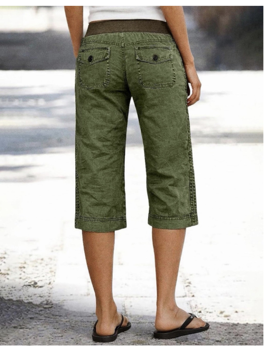 Flamingals Straight Leg High Waist Capri Pants Drawstring Button Decor Sz S - Picture 2 of 5